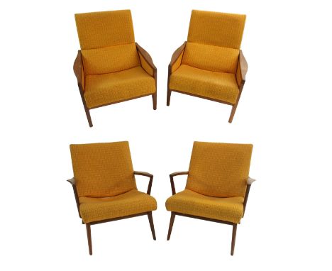 A PAIR OF TEAK G-PLAN OPEN ARMCHAIRS with shaped arms, 74cm high and a pair of G-Plan teak armchairs with shaped arms, 82cm h
