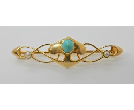 A 15CT GOLD MURRLE BENNETT BROOCH stamped MB 15ct to the reverse, set with turquoise and pearl, dimensions 4.5cm x 1cm, weigh