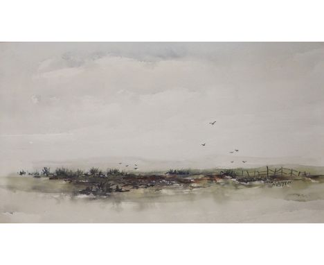 •ASHLEY JACKSON FRSA (BRITISH B. 1940) MOORLAND LANDSCAPE Watercolour. signed and dated 1975, 38 x 67.5cm (15 x 26.5") Inscri