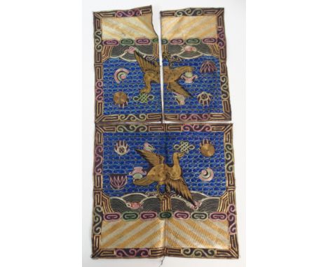 A PAIR OF CHINESE SILK AND METAL THREAD CIVIL RANK BADGES WOVEN WITH GOLDEN PHEASANTS amongst symbols for long life and happi