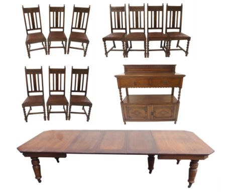 AN EDWARDIAN OAK DINING SUITEcomprising; oak wind-out extending dining table with turned legs and five extra leaves, 76cm hig