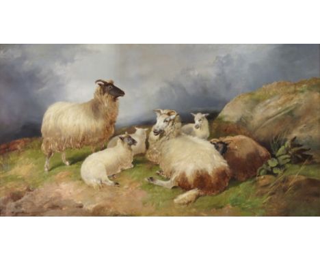 BRITISH SCHOOL (19TH/20TH CENTURY) SHEEP RESTING ON A HILLSIDE Oil on canvas, 76 x 138cm (30 x 54 1/4") Condition Report: The