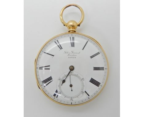 AN 18CT GOLD OPEN FACED POCKET WATCH BY JOHN FORREST the back of the case is engine and hand engraved with flowers. The case 