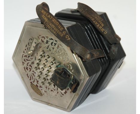 A FORTY-NINE BUTTON WHEATSTONE CONCERTINA No.34463, with hexagonal white-metal sides with pierced decoration with white-metal