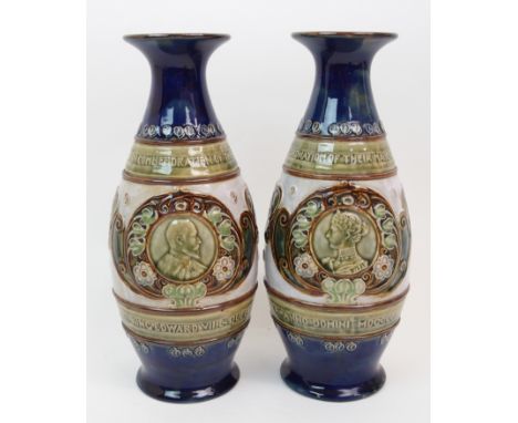 A PAIR OF ROYAL DOULTON COMMEMORATIVE STONEWARE VASES celebrating the Coronation of King Edward VII and Queen Alexandra in 19