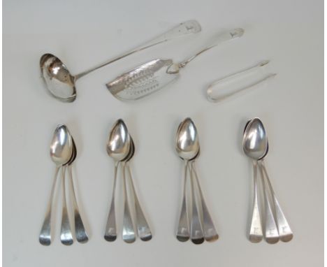 A SET OF TWELVE SCOTTISH PROVINCIAL SILVER TABLESPOONS WITH MATCHING SOUP LADLE by James Erskine, Aberdeen circa 1800, all mo