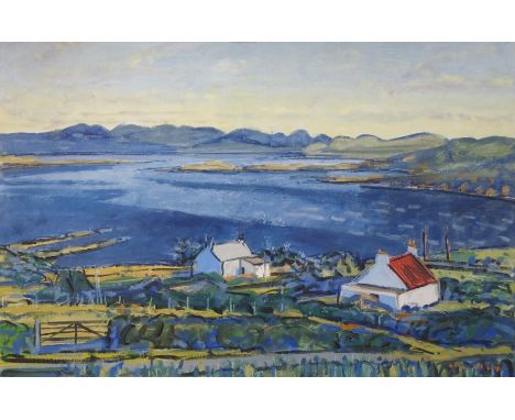 •MIKE HEALEY (BRAZILIAN / SCOTTISH B. 1951) CROFTS IN GOLDEN LIGHT, SUMMER ISLES Oil on canvas, signed, 51 x 76cm (20 x 30") 