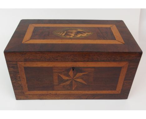 A MAHOGANY TWO DIVISION INLAID CROSS BANDED TEA CADDY with hinged lid, glass mixing bowl with ivory ring handles, 33cm wide x