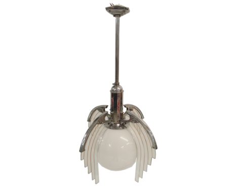 AN ART DECO CEILING LIGHT with four chrome arms and glass panels with a white globe, 75cm high Condition Report: Under 30 kg,