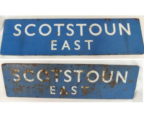 A PAIR OF LARGE BLUE AND WHITE ENAMEL RAILWAY SIGNS Scotstoun East, 60cm high x 230cm wide (2) Condition Report: Joined toget