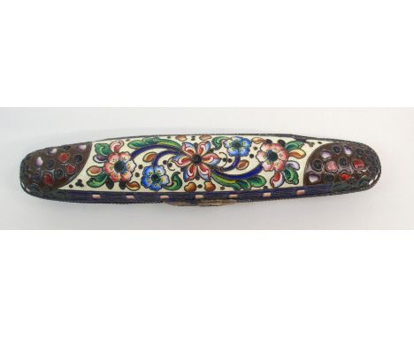 AN UNMARKED POSSIBLY RUSSIAN GILT-METAL AND ENAMEL CIGAR HOLDER with hinged lid, 13cm wide Condition Report: Available upon r