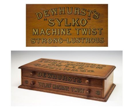 Advertising - Dewhurst's 'Sylko' Cotton - Early 20th Century oak haberdashers cotton reel box fitted two drawers and with gil