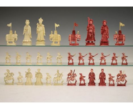 19th Century Cantonese white and red stained carved ivory chess set, height of kings 11cm  Condition: There is some light ope