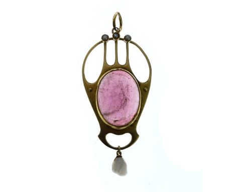 Murrle Bennett pink tourmaline and seed pearl Art Nouveau pendant, M B Co mark and indistinct mark to the bale, freshwater pe