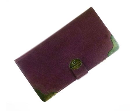 Edward VII Asprey silver mounted puce leather aide memoir, opening to reveal a pale brown leather interior with unused addres