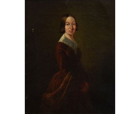 19th Century English School - Oil on canvas - Three quarter length portrait of a young lady wearing a red dress, 29cm x 23.5c