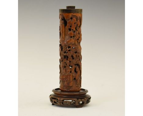 Chinese carved bamboo scroll case, typically decorated with scholars in a woodland setting, two character signature, 16.25cm 