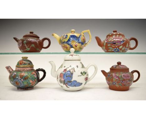 Collection of six Chinese miniature teapots, three being Yixing, each with polychrome enamelled decoration, 5cm - 6cm high, a