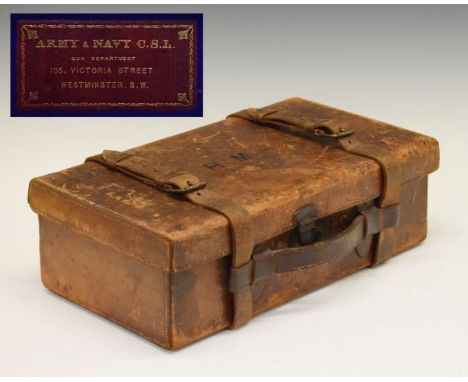 Leather cartridge magazine, interior with leather retaining straps and trade label of the 'Army & Navy C.S.L. 105 Victoria St