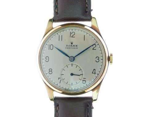 Rolex - Gentleman's Precision 9ct gold manual wind wristwatch, the signed champagne dial with sunken subsidiary seconds dial,