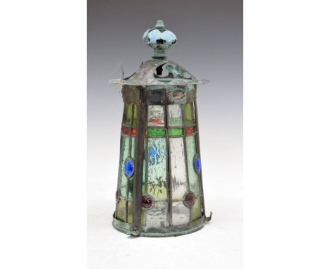 Arts & Crafts copper framed stained and leaded glass lantern style gas lamp shade, 38.75cm high  Condition: One glass panel i
