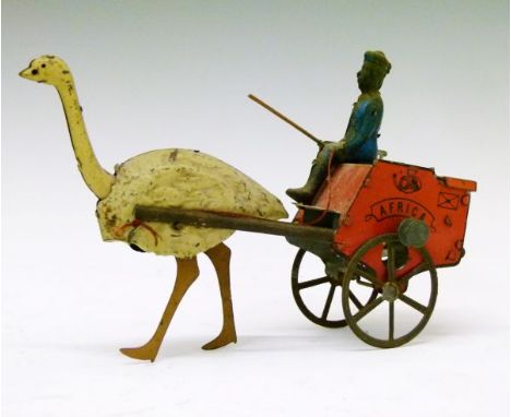 Toys - Lehmann tin plate 'Africa' postal cart, 19.5cm long  Condition: The mechanism does not work to the legs, neck and stic