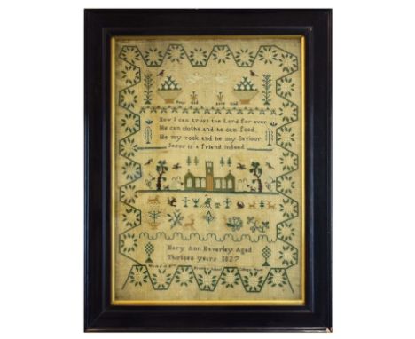 George IV needlework sampler decorated with a church, figures, animals and foliage and with script 'Now I can trust the Lord 