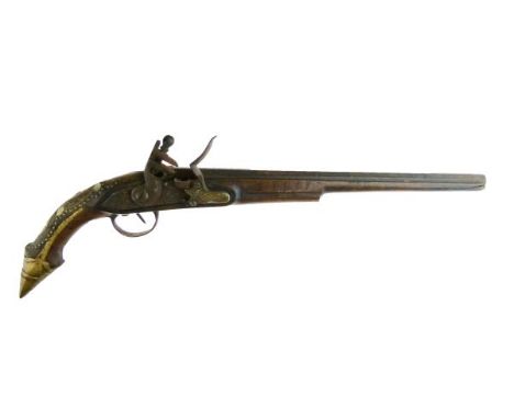 Turkish flintlock holster pistol, octagonal barrel 33cm, with traces of silver inlay at breech and tang, engraved lock and co
