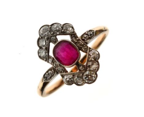 Diamond and synthetic ruby ring, unmarked, circa 1920, the rectangular ruby within a shaped rectangular frame of old single a