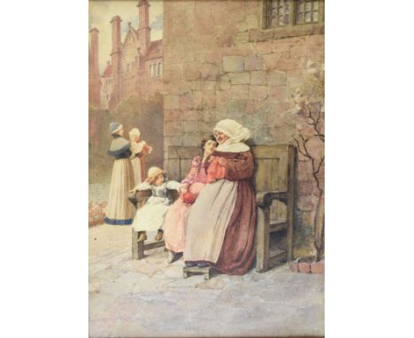 Beatrice Meyer (French 19th Century) - Watercolour - A village scene with a nun and children seated on a bench, signed, 49cm 
