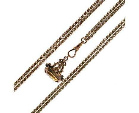 Long chain, tagged '9c', of oval facetted belcher links, with a paste set seal fob attached, 156cm long, 37g gross  Condition