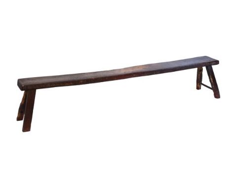 Antique stained elm and pine bench standing on square splayed supports, 226cm long Condition: Please see extra images and TEL