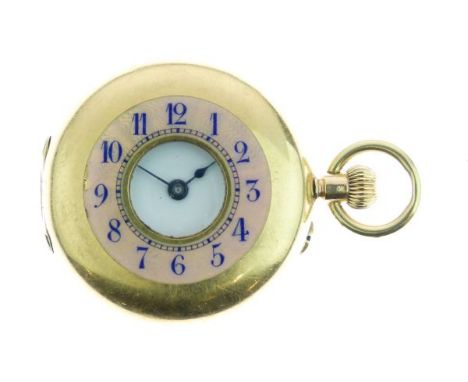 S & Co - Lady's half hunter style fob watch, stamped '18k' and Swiss control mark, the cover with pink enamel chapter ring, t