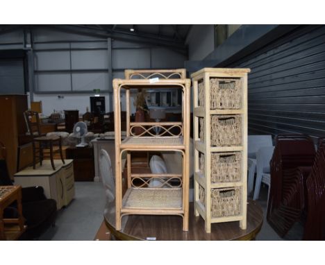 A wicker shelf and narrow basket storage unit