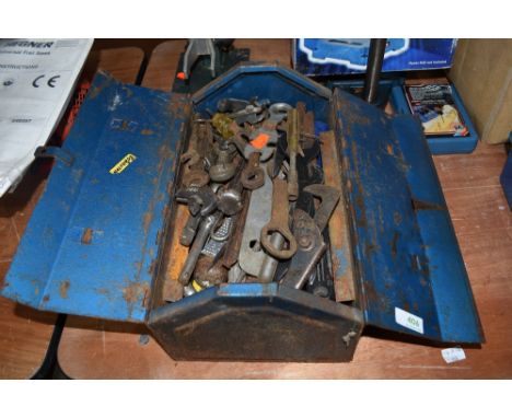 A selection of spanners and engineers mechanics tools in metal tool box