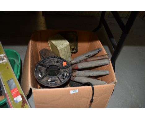 A selection of gardening an camping tools including gas burner and clippers