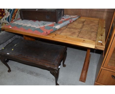 A vintage pine and tile top refectory table, approx. 140 x 79cm , with additional end leaf of 38cm