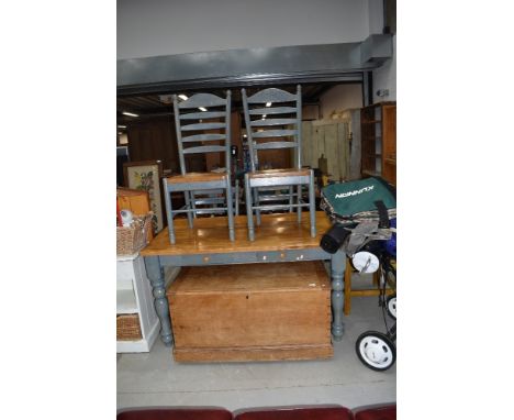 A part painted kitchen table and four similar ladder back chairs, table approx. 138 x 92cm