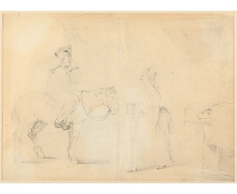 Heading: Author: Cruikshank, IsaacTitle: Original pencil drawing by Isaac Cruikshank, of a man on horseback being offered a f