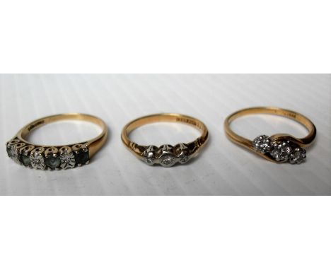 Three 9ct yellow gold dress rings to include a seven-stone square-cut citrine and diamond ring, size R and two three-stone di