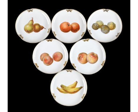 SIX BERLIN (KPM) PORCELAIN DESSERT PLATES CIRCA 1900 Each painted with titled specimens of fruit, pierced borders, orb and sc