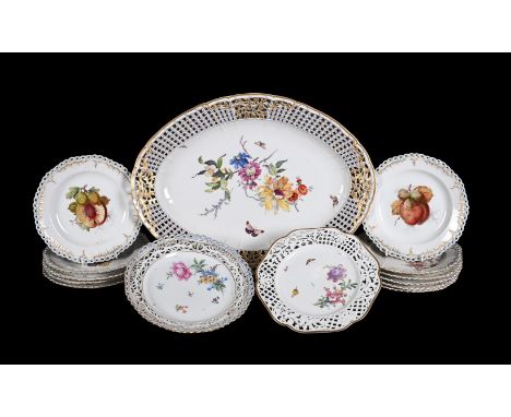 A BERLIN (K.P.M.) PIERCED OVAL SERVING DISHCIRCA 1880 in the 18th century style, painted with flower sprays and butterflies w