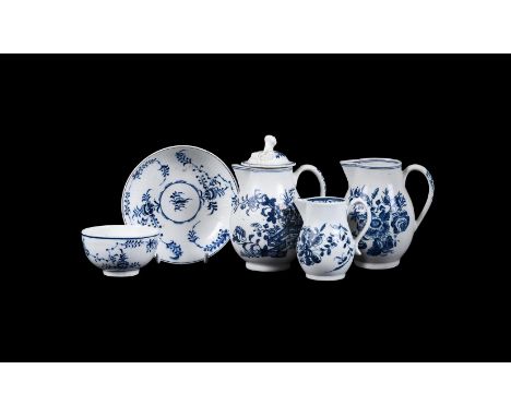 A SELECTION OF LOWESTOFT BLUE AND WHITE PORCELAINCIRCA 1775Comprising: a 'Fence' Pattern sparrow-beak jug and cover, crescent