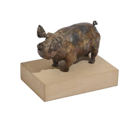 λ LUCY BOYDELL (BRITISH 20TH CENTURY)PIG SEEING THE WIND Bronze on stone plinth Signed to the belly and indistinctly numbered