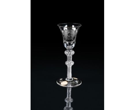 AN AIRTWIST WINE GLASS OF JACOBITE SIGNIFICANCETHE GLASS MID 18TH CENTURYThe bell bowl engraved with rose, bud and moth, supp