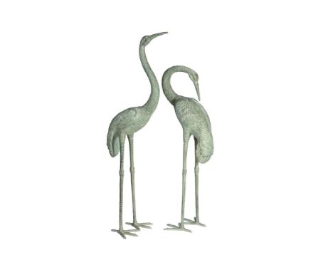 A PAIR OF VERDIGRIS PATINATED BRONZE CRANES MODERN  One erect, the other with head down and backward 150 and 128cm high respe