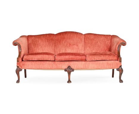 A CARVED MAHOGANY AND UPHOLSTERED SOFA IN GEORGE III STYLELATE 19TH OR EARLY 20TH CENTURY83cm high, 200cm wide, 81cm deep ove