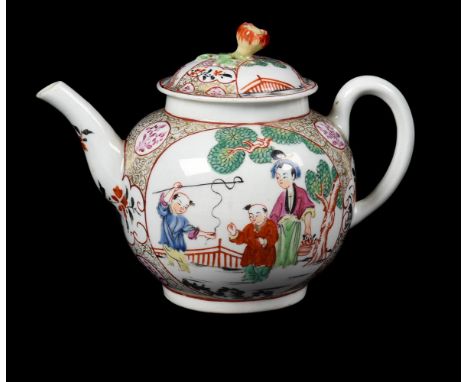 A WORCESTER OUTSIDE DECORATED TEAPOT AND COVER, POSSIBLY THE ATELIER OF JAMES GILESCIRCA 1770Decorated in the Worcester facto