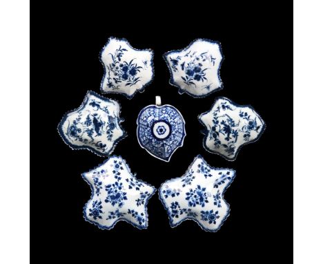 A GROUP OF SIX ENGLISH PORCELAIN BLUE AND PORCELAIN PICKLE DISHES, MOSTLY WORCESTER VARIOUS DATES 1760-80and a Worcester 'Roy