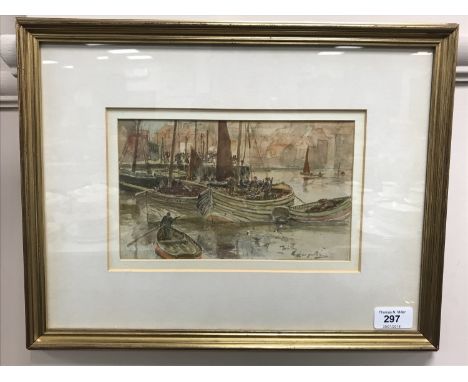 Thomas Swift Hutton, Fishing Boats at Whitby, watercolour, 22cm by 13.5cm, framed
